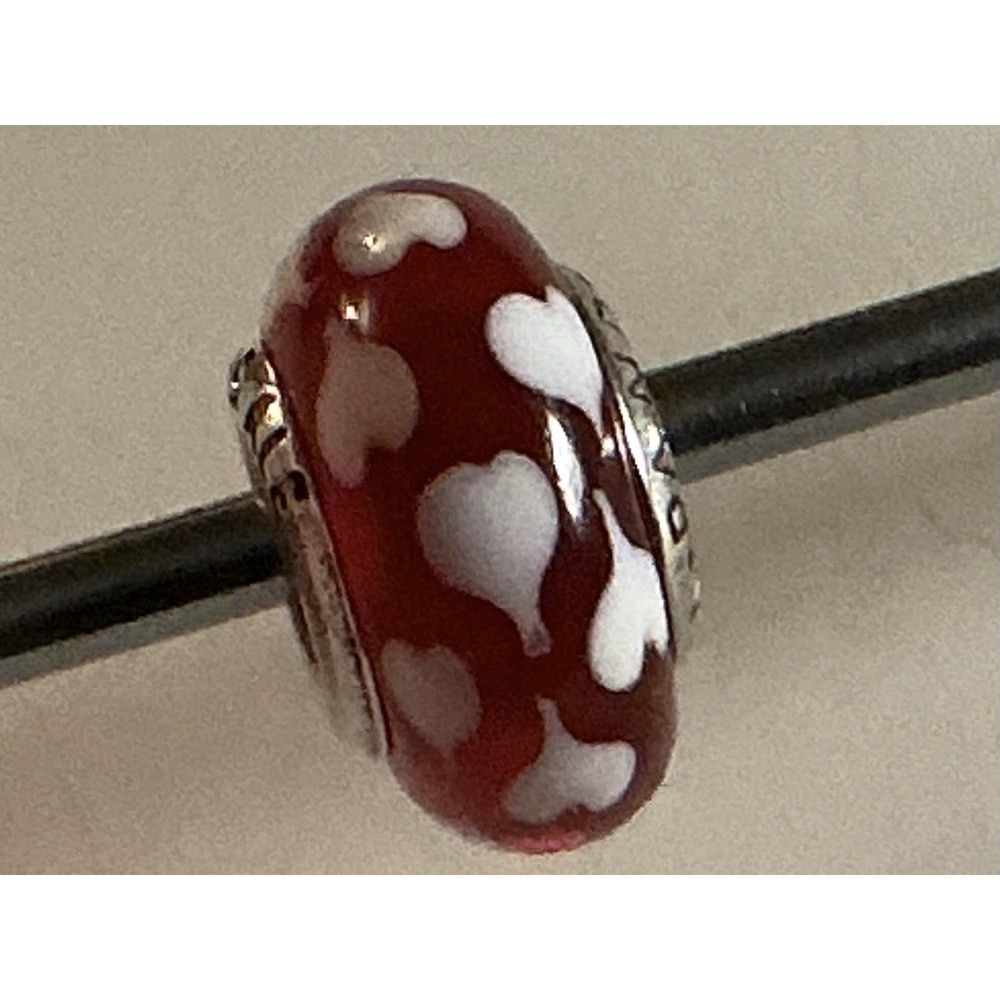 Pandora Sweetheart Red Murano Glass White Hearts Charm 790948 Retired 925 ALE